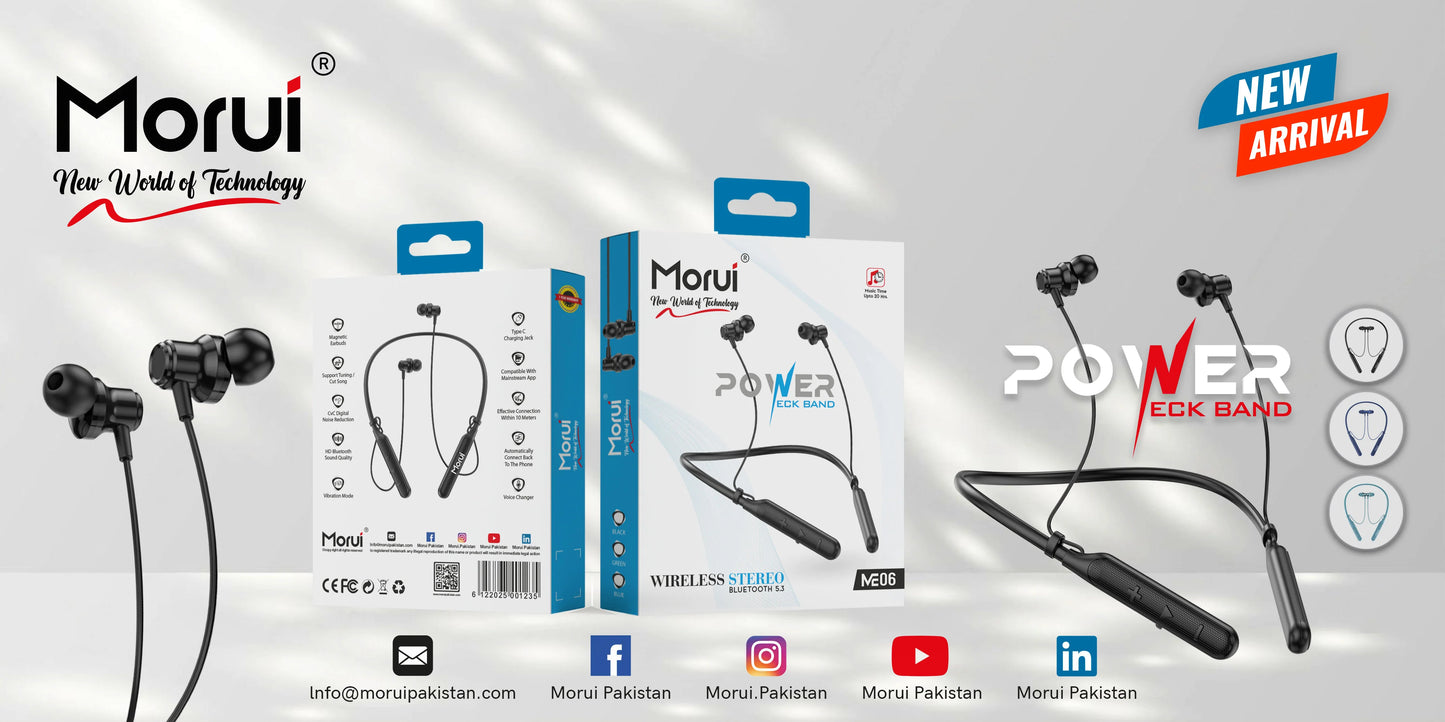 Morui ME06 Neckband Wireless Stereo Bluetooth 5.3 Headphones | Voice Changer Earbuds | Gaming Headset | 20 Hours Charging Backup