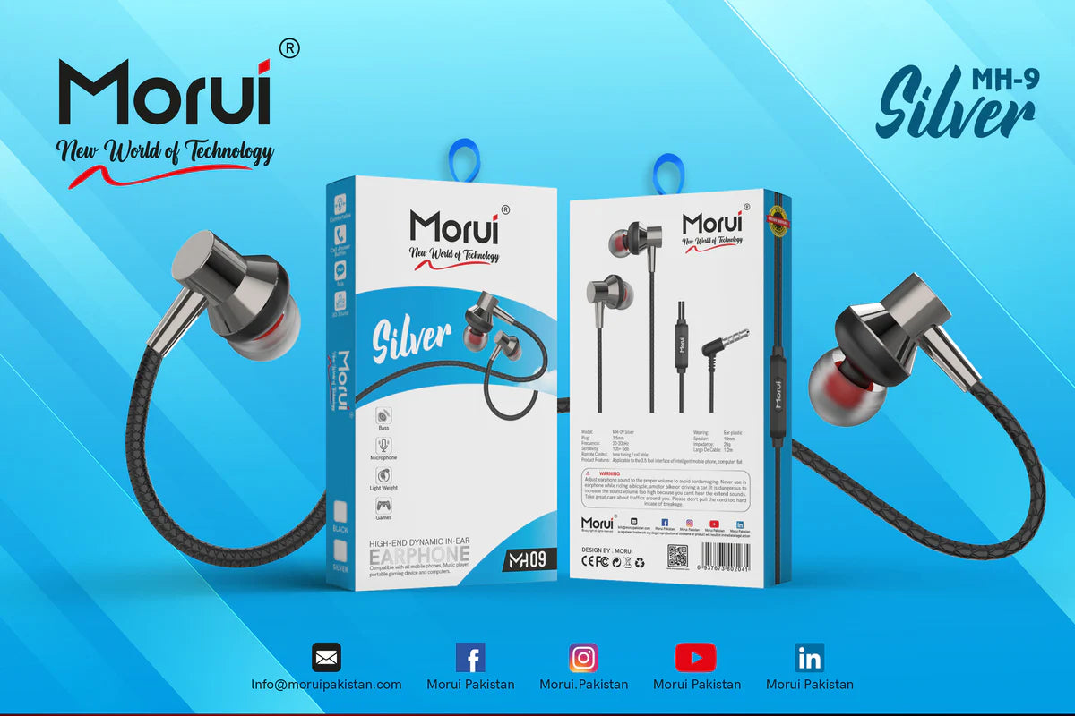 Morui MH09 Silver High-End Dynamic Wired In-Ear Earphones with Deep Bass, Built-in Microphone, and Comfortable Lightweight Design for Music, Gaming, and Calls