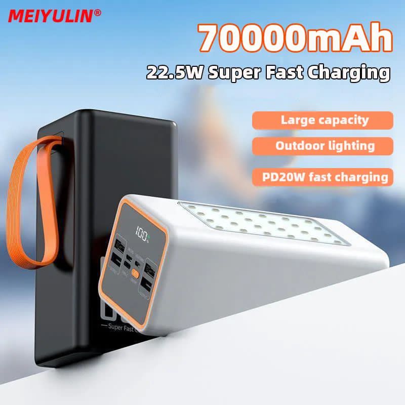 Professional 70,000mAh Multipurpose Power Bank – 22.5W Fast Charging, PD 20W, LED Emergency Light, Type-C/Micro/Lightning Input