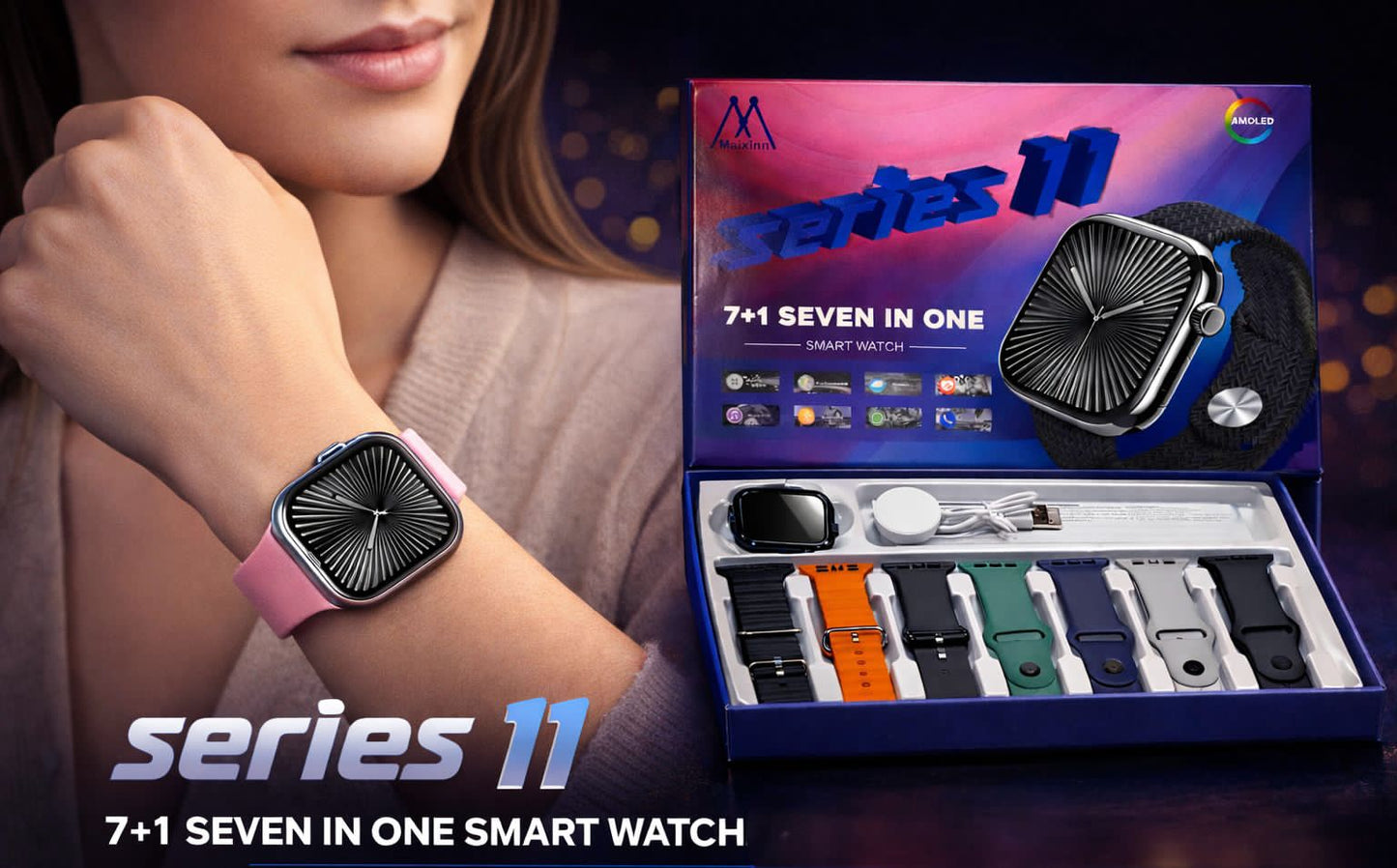 Maixinn Series 11 7+1 Smartwatch Set – Luxury Design, Fitness Tracking & Wireless Charging