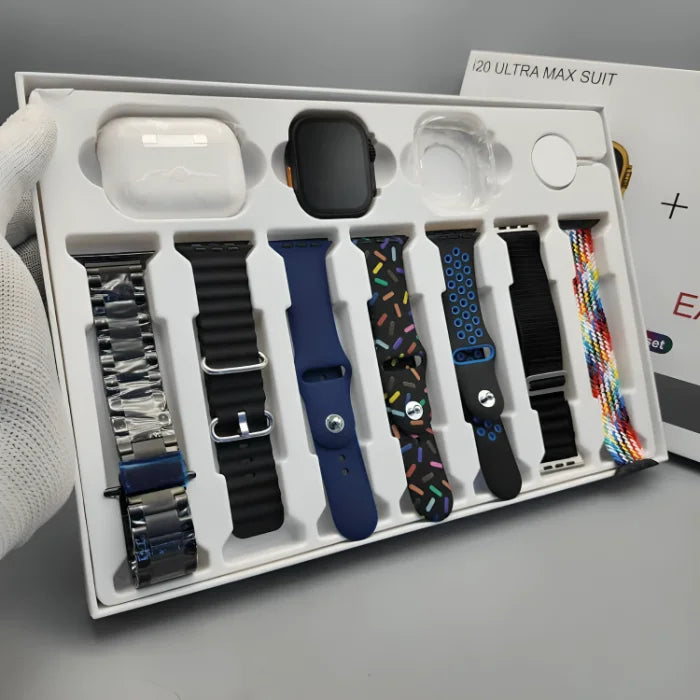 I20 Ultra Max Suit Smartwatch Set – 7 Straps + Watch Cover + AirPods | 2025 Premium Edition