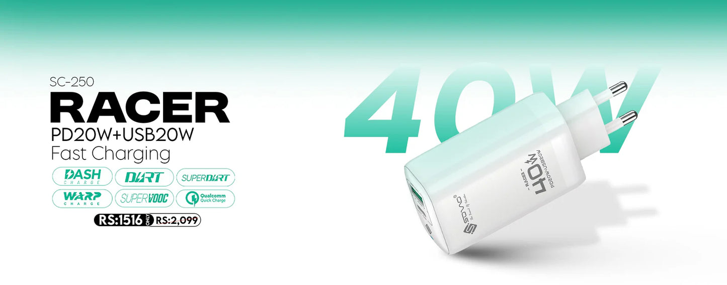 Sovo SG-250 40W Super Fast Charger | PD & USB Dual Port Charger