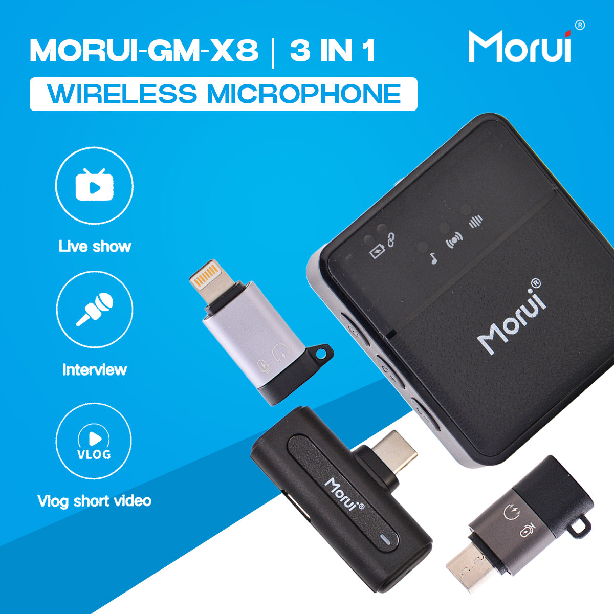 Morui GM-X8 Wireless Mic 3 in 1 - Active Noise Cancellation - Premium Audio for Content Creators and Speakers