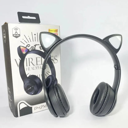 P47M Cat Ear Wireless Headphones – LED Bluetooth Headphones with Mic & Deep Bass