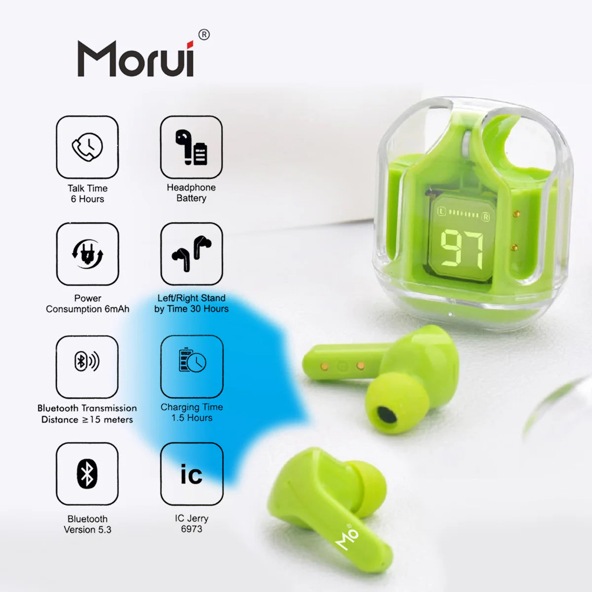 Morui MB-1 Crystal Case Earbuds Wireless Earbuds - Gaming earbuds With ENC Noise Cancellation For Clear Sound