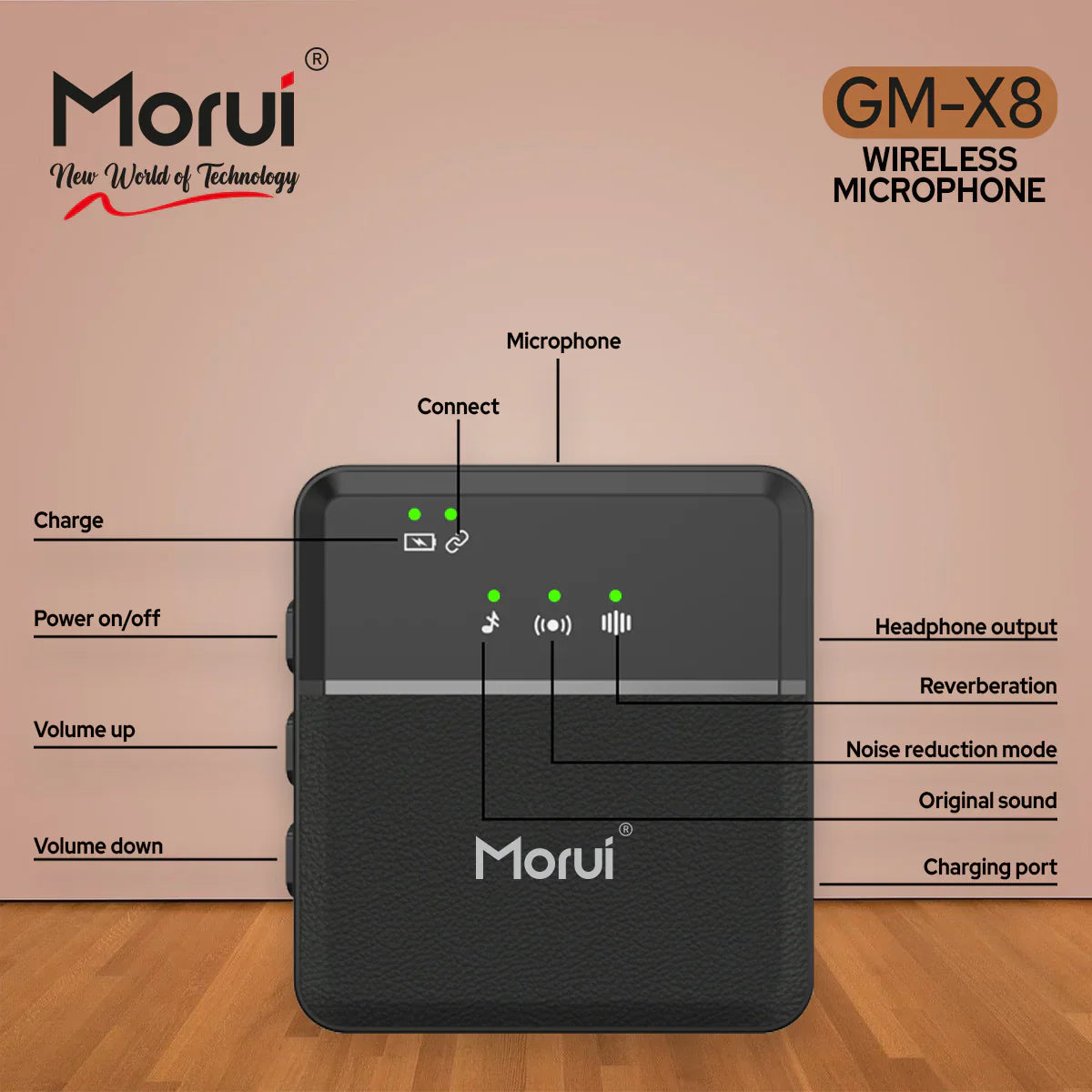 Morui GM-X8 Wireless Mic 3 in 1 - Active Noise Cancellation - Premium Audio for Content Creators and Speakers