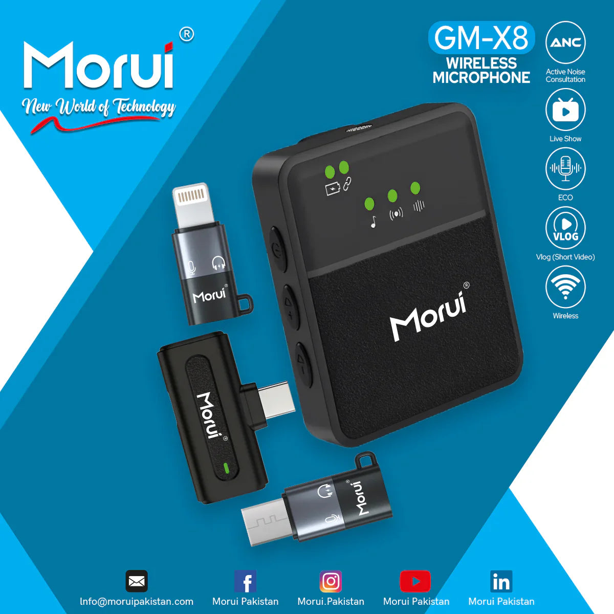Morui GM-X8 Wireless Mic 3 in 1 - Active Noise Cancellation - Premium Audio for Content Creators and Speakers