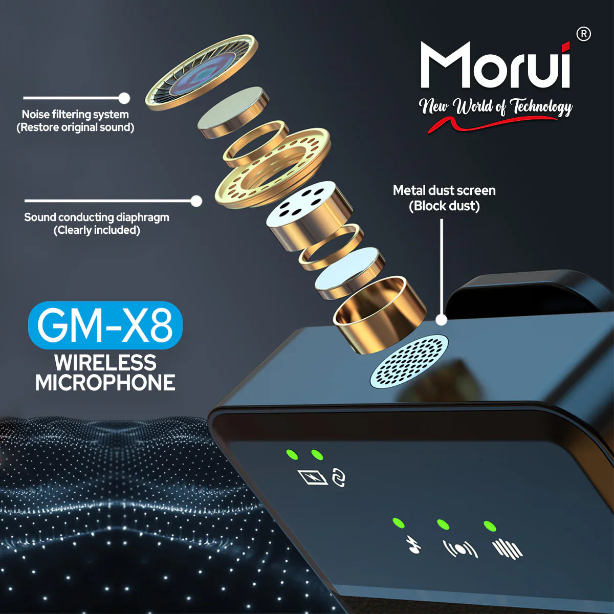 Morui GM-X8 Wireless Mic 3 in 1 - Active Noise Cancellation - Premium Audio for Content Creators and Speakers