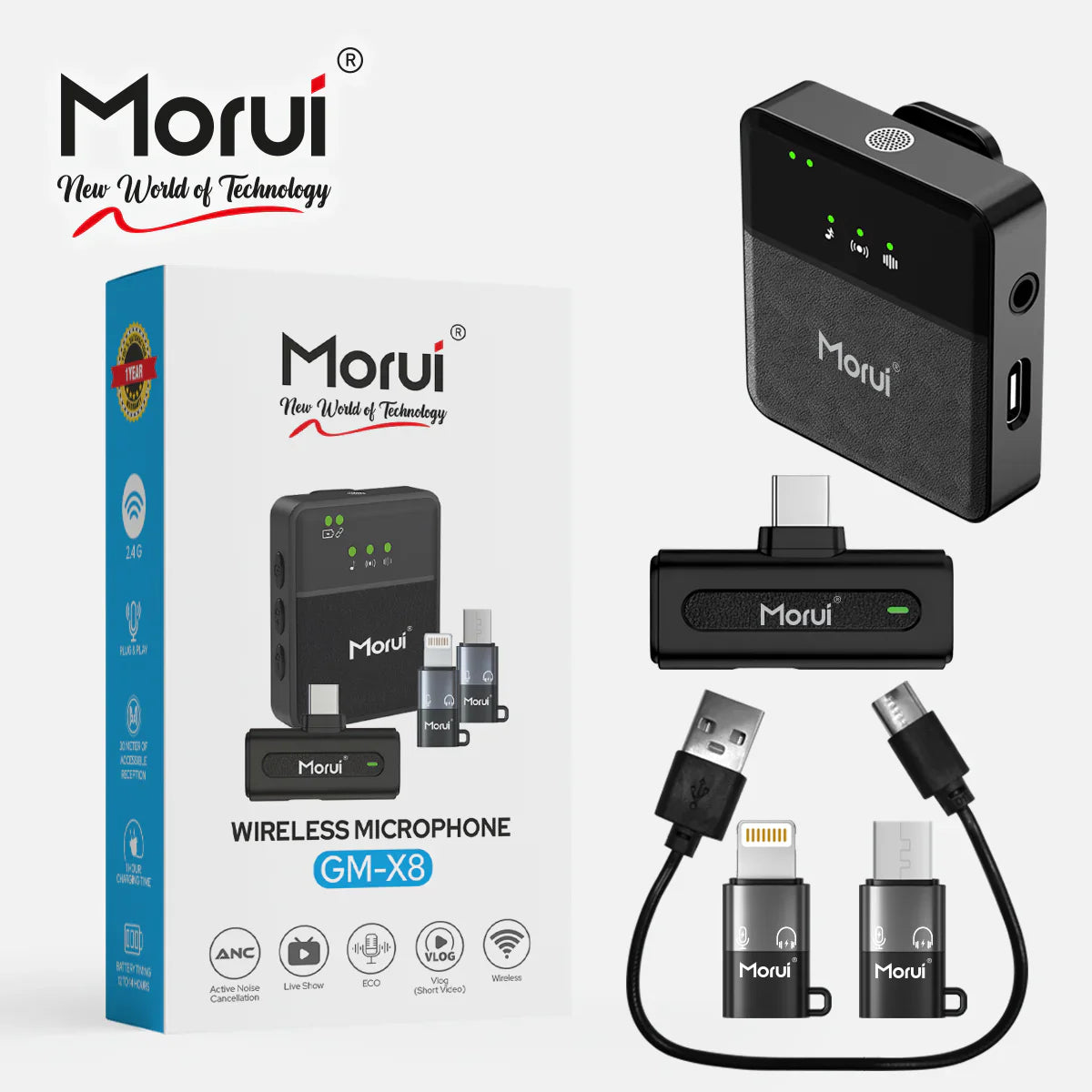 Morui GM-X8 Wireless Mic 3 in 1 - Active Noise Cancellation - Premium Audio for Content Creators and Speakers