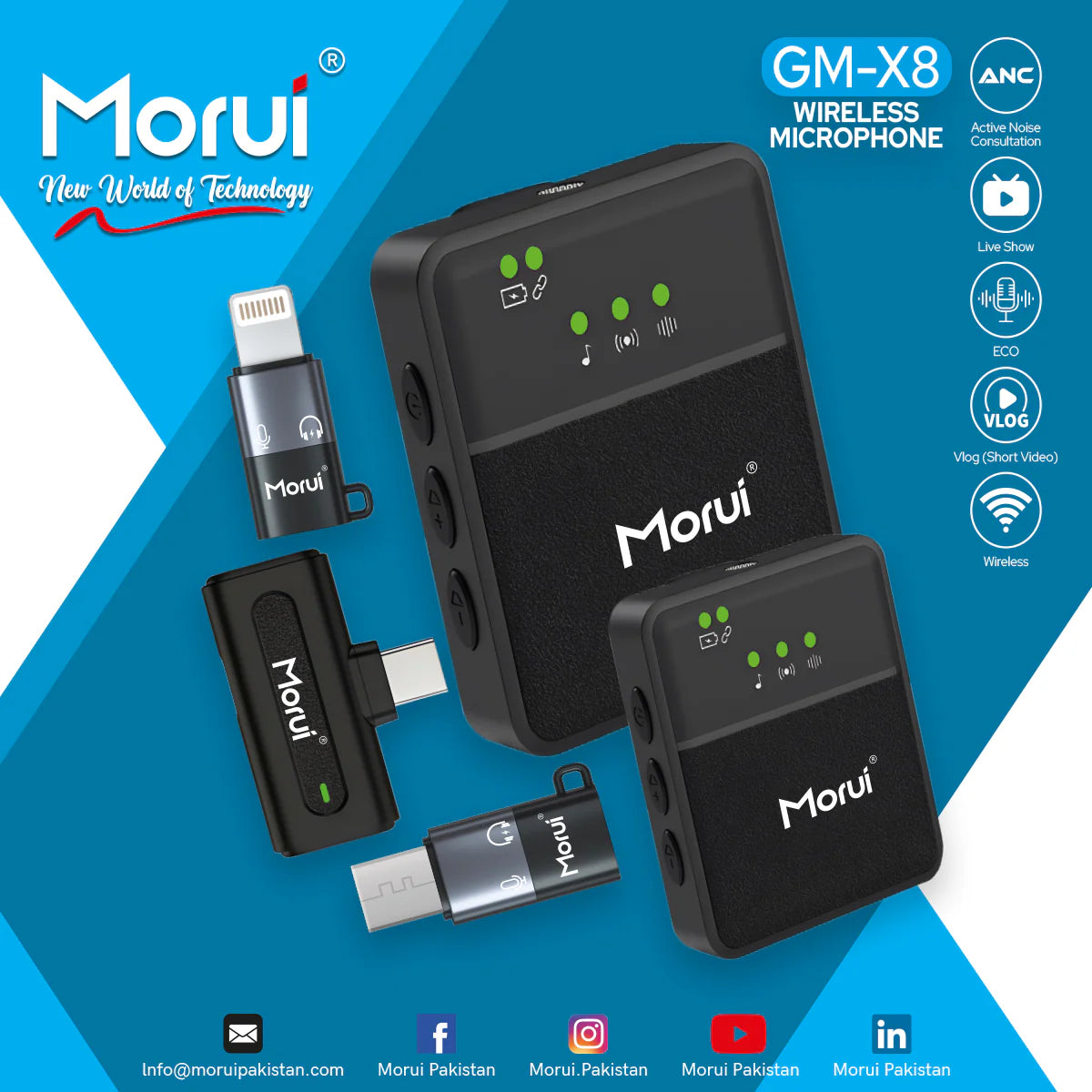 Morui GM-X8 4-in-1 Wireless Microphone with Noise Cancellation – Premium Audio for Content Creators and Speakers