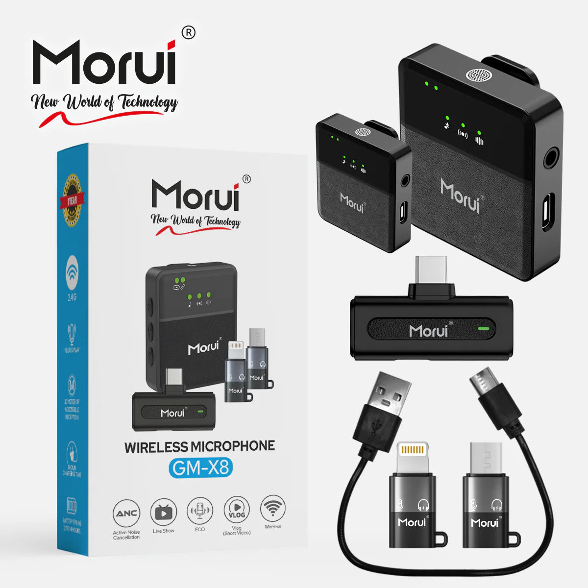 Morui GM-X8 4-in-1 Wireless Microphone with Noise Cancellation – Premium Audio for Content Creators and Speakers