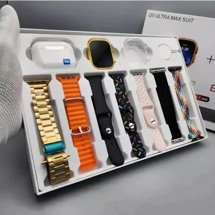I20 Ultra Max Suit Smartwatch Set – 7 Straps + Watch Cover + AirPods | 2025 Premium Edition