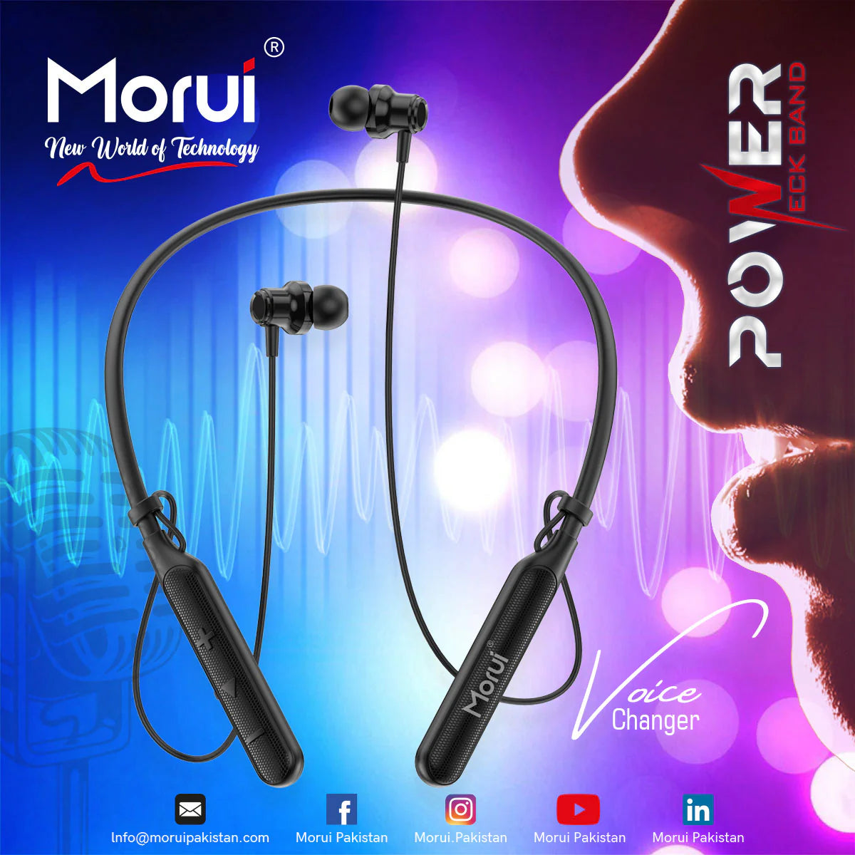 Morui ME06 Neckband Wireless Stereo Bluetooth 5.3 Headphones | Voice Changer Earbuds | Gaming Headset | 20 Hours Charging Backup