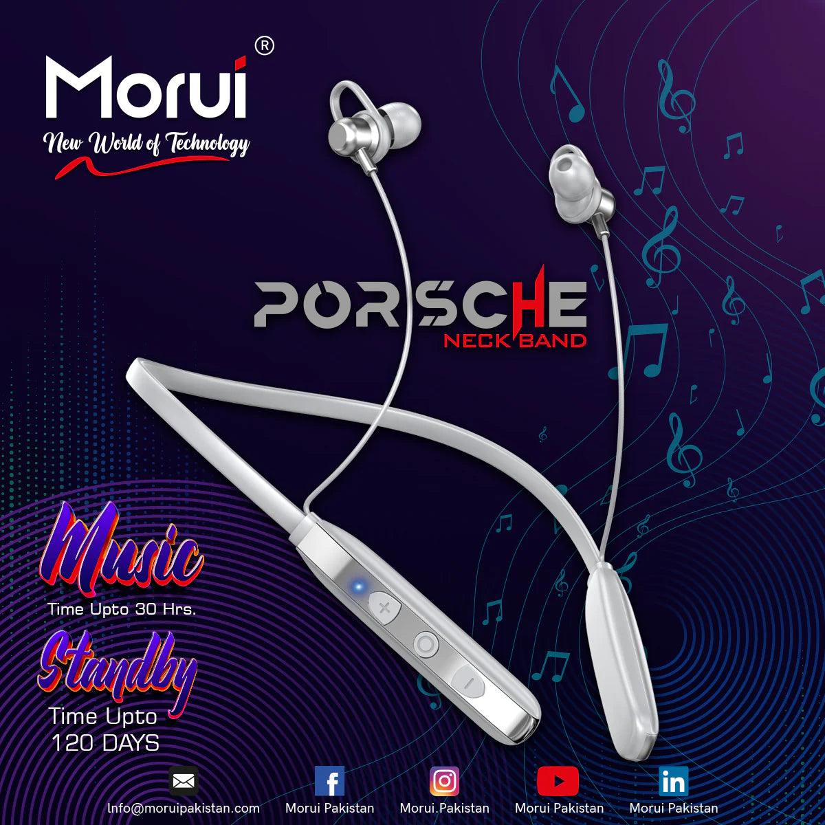 Morui ME07 Neckband Wireless Stereo Bluetooth 5.3 Headphones | Voice Changer Earbuds | Gaming Headset | 30 Hours Battery Backup With Magnet Touch ON & OFF Sale