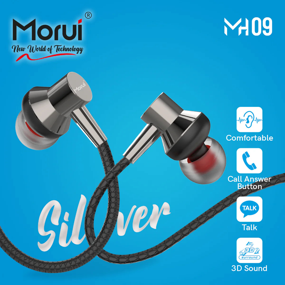 Morui MH09 Silver High-End Dynamic Wired In-Ear Earphones with Deep Bass, Built-in Microphone, and Comfortable Lightweight Design for Music, Gaming, and Calls