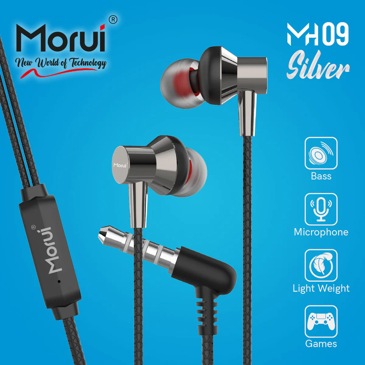 Morui MH09 Silver High-End Dynamic Wired In-Ear Earphones with Deep Bass, Built-in Microphone, and Comfortable Lightweight Design for Music, Gaming, and Calls