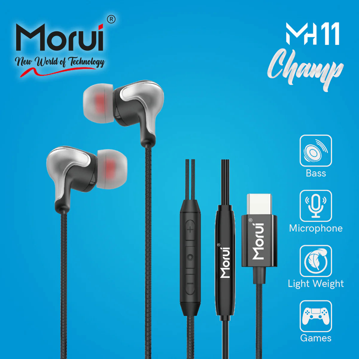 Morui MH11 Champ Type-C Earphone – High-End Dynamic In-Ear Bass with Microphone, Lightweight Design, Gaming Compatible