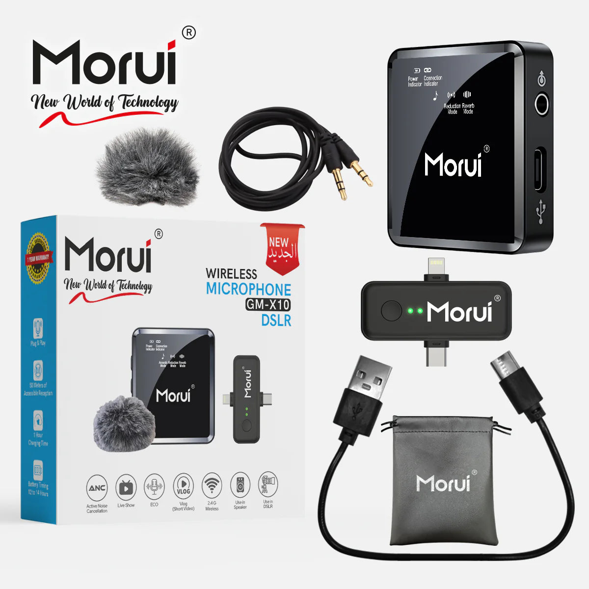 Morui GM-X10 Wireless Microphone – 3-in-1 Mic with Active Noise Cancellation, 1-Year Warranty, Compatible with YouTube Vlogging, Live Streaming, DSLR, Smartphones & Audio Devices
