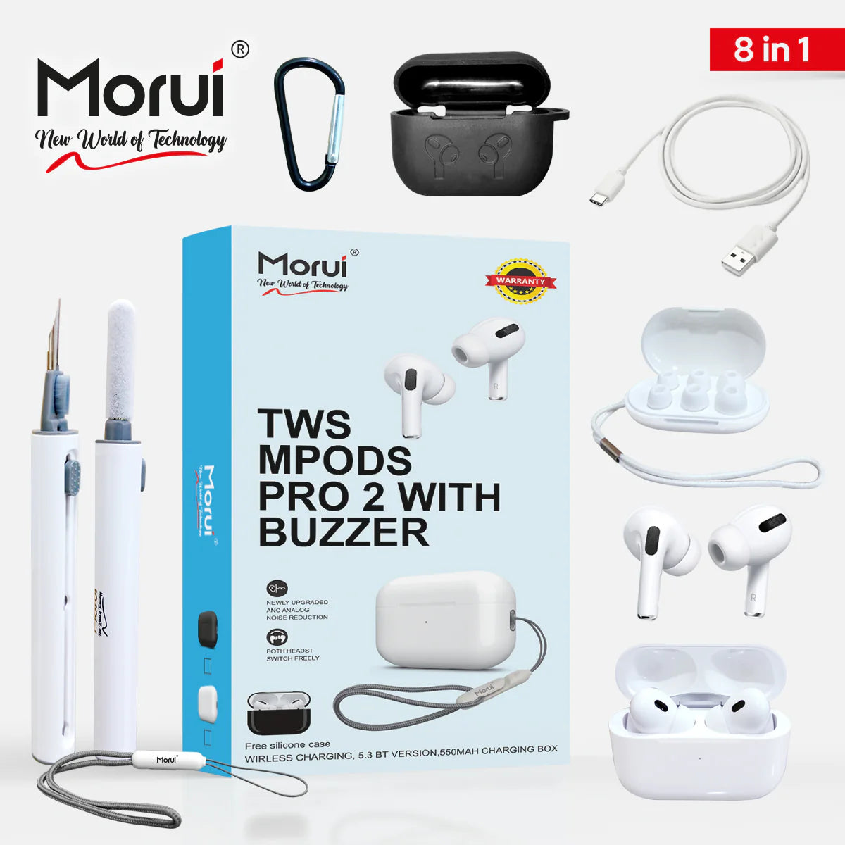Morui MPODS PRO 2 Buzzer & ANC Wireless Earbud 5.3 BT Version 550 mAh Charging Box