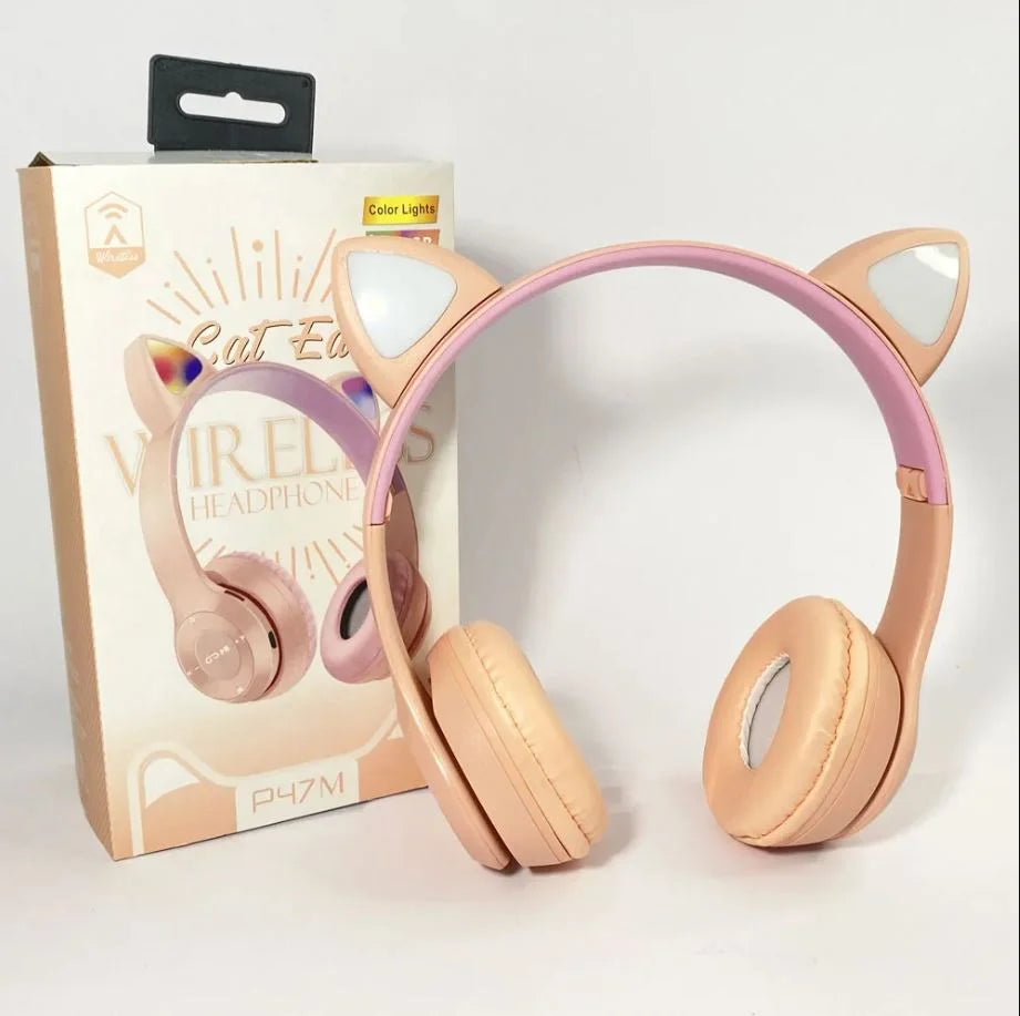 P47M Cat Ear Wireless Headphones – LED Bluetooth Headphones with Mic & Deep Bass