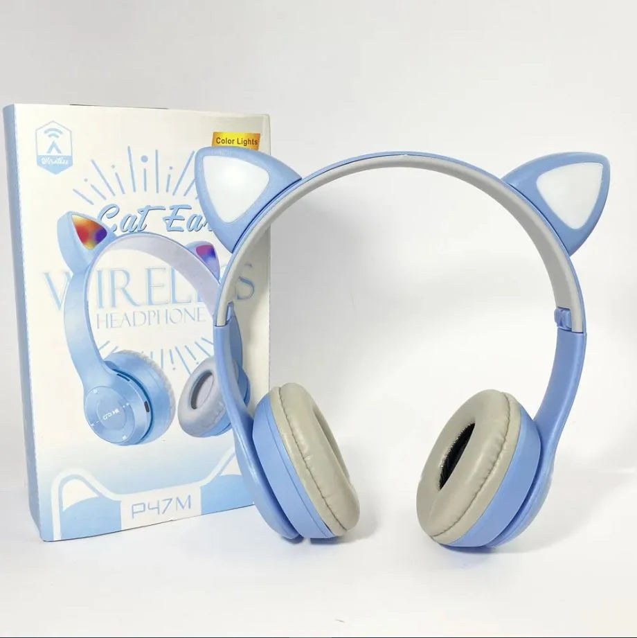 P47M Cat Ear Wireless Headphones – LED Bluetooth Headphones with Mic & Deep Bass