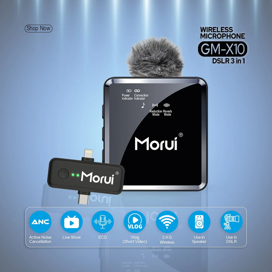 Morui GM-X10 Wireless Microphone – 3-in-1 Mic with Active Noise Cancellation, 1-Year Warranty, Compatible with YouTube Vlogging, Live Streaming, DSLR, Smartphones & Audio Devices