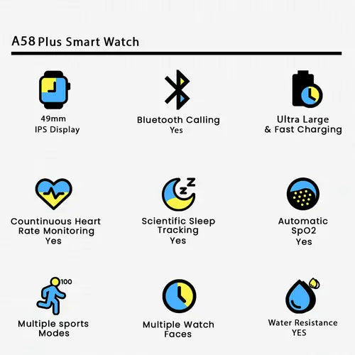 A58 Plus Smart Watch – HD Display, Bluetooth Calling & Health Tracker | Stylish Wearable Tech