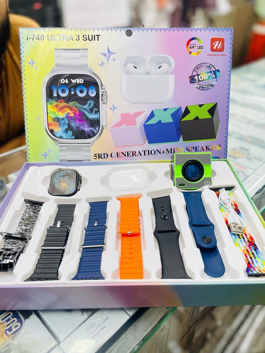 i-740 Ultra 3 Suit – Luxury Smartwatch Set with AirPods, Speaker & 7 Straps