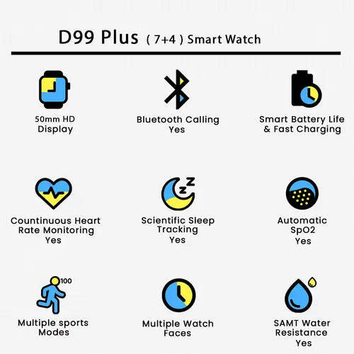 Luxury D99 Plus (7+4) Smart Watch – Bluetooth Calling, Fitness & Health Tracking, HD Display