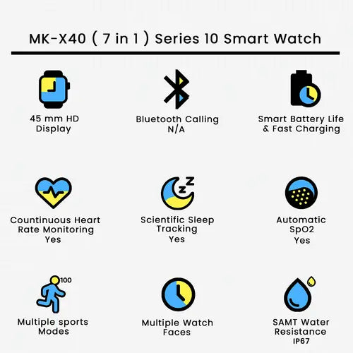 MK-X40 (7-in-1) Series 10 Smart Watch – HD Display, Multi-Sport & Health Tracker | Stylish Wearable Tech