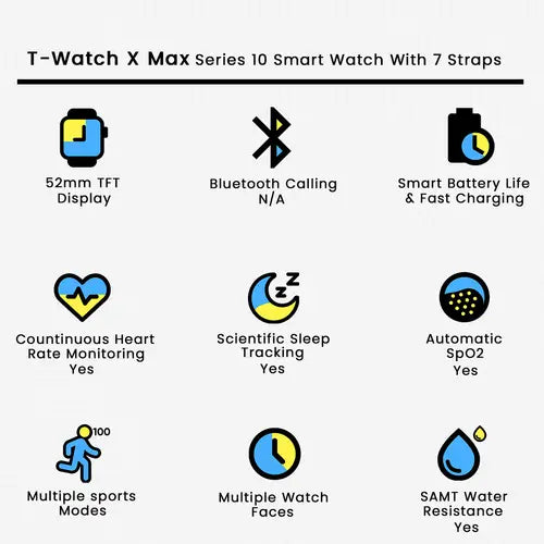 T-Watch X Max Series 10 Smart Watch With 7 Straps – Premium AMOLED Display, Health & Sports Tracker